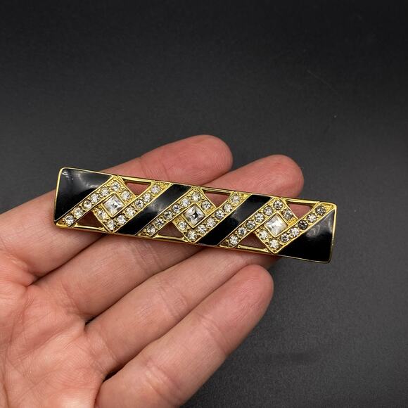 Vintage TRIFARI Art Deco Style Brooch Black Enamel Pave Crystals Rectangular Bar - Picture 3 of 4